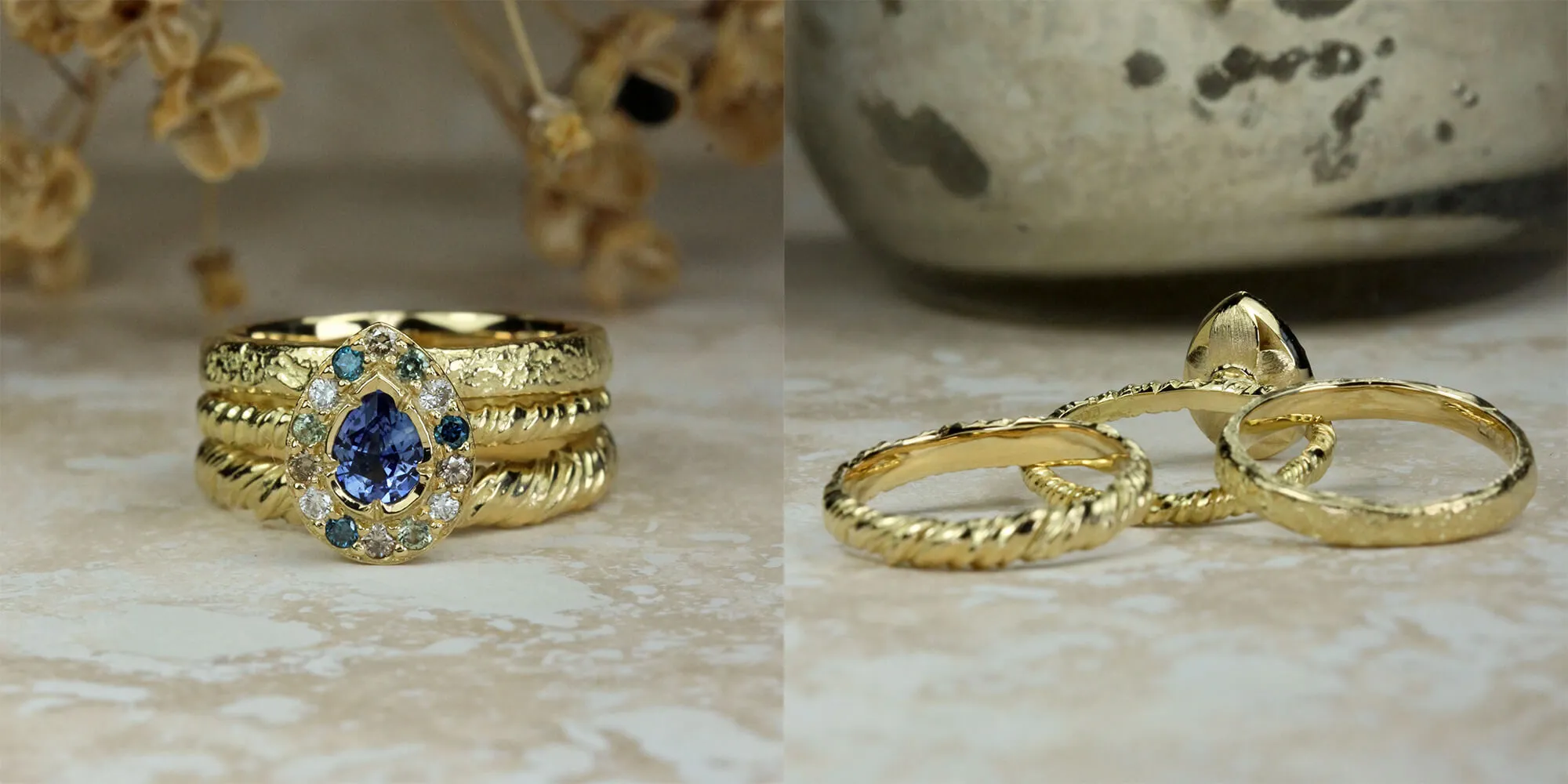 Natalie Perry Jewellery, Bespoke Pear Shaped Sapphire Halo Engagement Ring