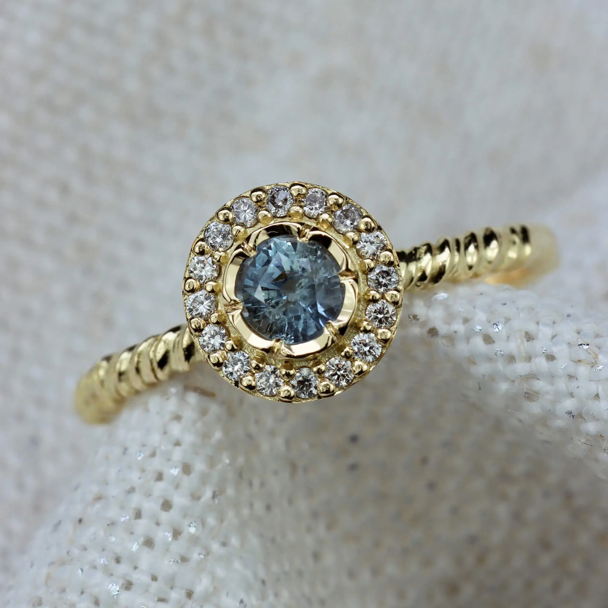 Natalie Perry Jewellery, Bespoke Sapphire Halo Engagement Ring