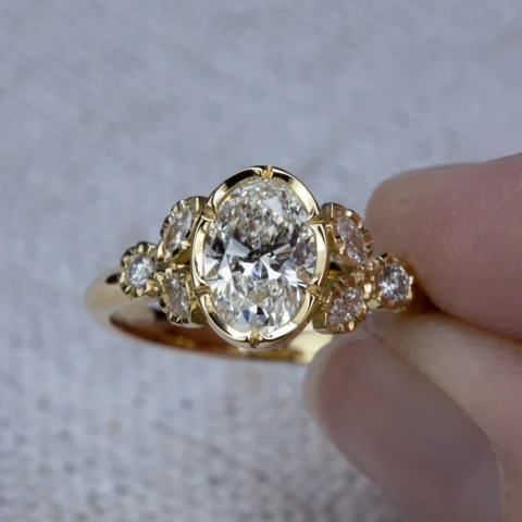 Natalie Perry Jewellery, Oval Diamond Floral Shoulders Engagement Ring (2)